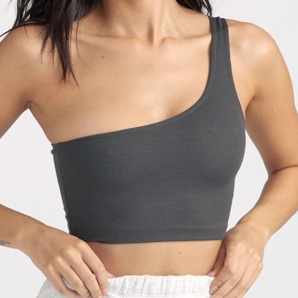 S/M JOAH BROWN CONCRETE GREY SINGLE STRAP FLEXRIB ONE SHOULDER CROP TOP - Picture 8 of 8